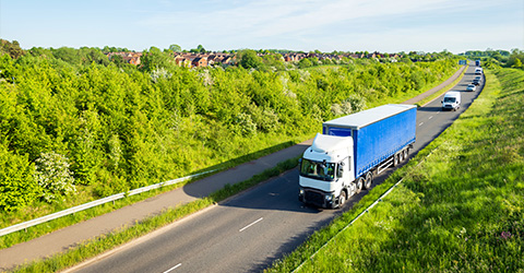 truck driving on a highway surrounded by green trees with several vehicles visible on the road four related trucks in view